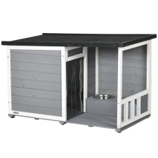 Osoam Kutyaház 103x62x66 cm 2 etetőtállal, verandával időjárásálló fa, szürke-fehér szállítóbox, fekhely kutyáknak