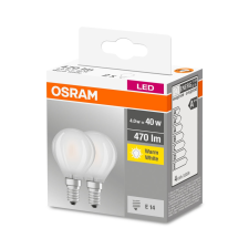  OSRAM Base LED kisgömb, matt üveg búra, 4W 470lm 2700K E14 − 2 db-os szett, átlagos élettartam: 10000 óra, fényszín: meleg fehér LED BASE CL P 40 GL FR 4W 2700K E14 x2 ( 4058075803978 ) izzó