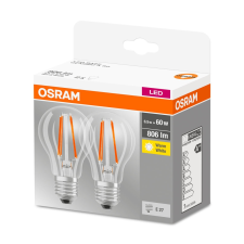  OSRAM Base LED körte, átlátszó üveg búra, 7W 806lm 2700K E27 − 2 db-os szett, átlagos élettartam: 10000 óra, fényszín: meleg fehér LED BASE CL A 60 FIL 7W 2700K E27 x2 ( 4052899972018 ) izzó