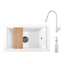  Panama P686-427W Gránit Mosogató + Kihúzható Zuhanyfejes Csap + Adagoló + Deszka + Szifon (fehér) csaptelep