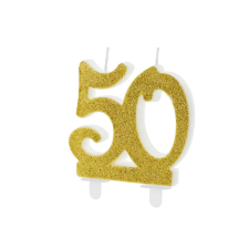 PartyDeco születésnapi glitter gyertya, 50, arany, 10cm party kellék