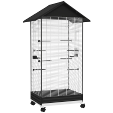 PawHut Madárkalitka, Kivehető Tálcával, Forgókerekekkel és Etetővel, 79x65x155 cm, Fekete madár kalitka