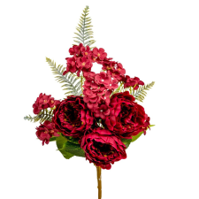  Peony,hortenzia csokor féloldalas 11v. piros M55cm 8db/# dekorációs kellék