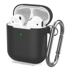 Phoner Simple Apple Airpods 1/2 szilikon tok akasztóval, fekete fülhallgató, fejhallgató tok