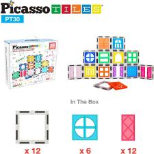 Picasso Tiles készlet, 30 építőelemmel, mágneses, kiegészítők ajtókhoz és ablakokhoz mágneses építőjáték