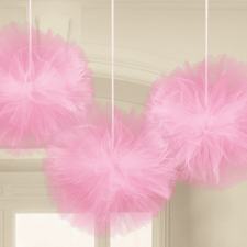 Pink, Rózsaszín függő tüll pom pom dekoráció 3 db-os party kellék