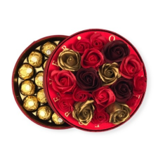 Piros búrás virágdoboz desszerttel - szappanrózsa és ferrero rocher ajándéktárgy