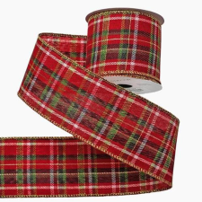  Piros kockás karácsonyi szalag drótos szegéllyel, 64 mm. dekorációs kellék