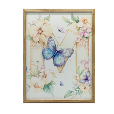 PLAKÁT FALRA ARANY KERETBEN M BETŰ VIRÁGOK PILLANGÓ 50x70 CM grafika, keretezett kép