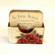  Poháralátét tartó négy pipacsos alátéttel. Alátétek mérete: 9x9 cm dekorációs kellék