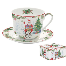 Porcelán reggelizőcsésze+alj 400ml, dobozban, Joyful Santa bögrék, csészék