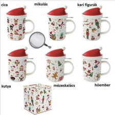 Porcelánbögre 370ml, tetővel, fémszűrővel, dobozban, Christmas Friends bögrék, csészék