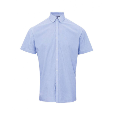 Premier Férfi ing Premier PR221 Men'S Short Sleeve Gingham Cotton Microcheck Shirt -XS, Light Blue/White