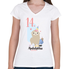 PRINTFASHION 14. Alpakaliptikus születésnap - Alpaca póló 14. születésnapra - Női V-nyakú póló - Fehér