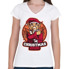 PRINTFASHION 2020 Karácsony mikulás maszkban - Női V-nyakú póló - Fehér női póló
