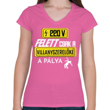 PRINTFASHION 220V Felett | Fehér - Női V-nyakú póló - Rózsaszín női póló