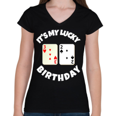 PRINTFASHION 32 POKER SZÜLINAP - Női V-nyakú póló - Fekete