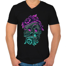 PRINTFASHION 3 koponya virágokkal - Férfi V-nyakú póló - Fekete férfi póló