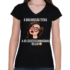 PRINTFASHION a boldogság titka  - Női V-nyakú póló - Fekete női póló