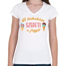 PRINTFASHION A kisbabám szereti a fagyit - Kismama - Női V-nyakú póló - Fehér