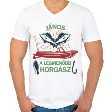 PRINTFASHION A legmenőbb horgász - Névvel - Férfi V-nyakú póló - Fehér férfi póló