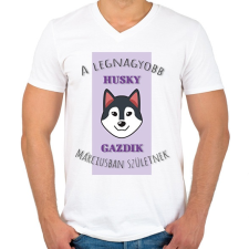 PRINTFASHION A legnagyobb gazdi - Husky - hónappal - Férfi V-nyakú póló - Fehér férfi póló