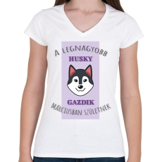 PRINTFASHION A legnagyobb gazdi - Husky - hónappal - Női V-nyakú póló - Fehér