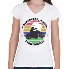 PRINTFASHION A száguldás, a szél -- Kawasaki - Női V-nyakú póló - Fehér női póló
