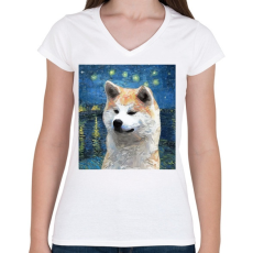 PRINTFASHION Akita festmény - Női V-nyakú póló - Fehér