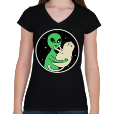 PRINTFASHION Alien és macska - Női V-nyakú póló - Fekete női póló
