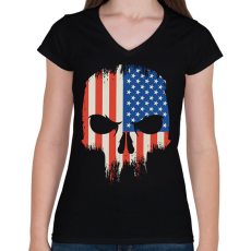 PRINTFASHION Amerikai zászló koponya USA - Női V-nyakú póló - Fekete