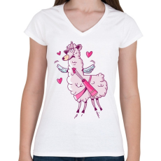 PRINTFASHION Ámor Láma szerelem - Női V-nyakú póló - Fehér