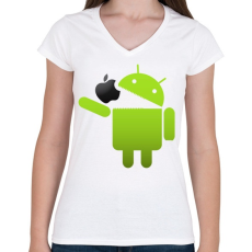 PRINTFASHION Android megeszi az almát - Női V-nyakú póló - Fehér