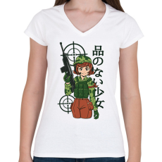 PRINTFASHION Anime katona - Női V-nyakú póló - Fehér
