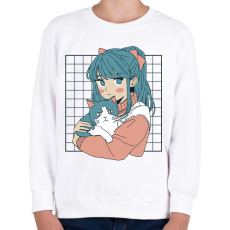 PRINTFASHION Animés lány cicával - Gyerek pulóver - Fehér