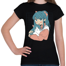PRINTFASHION Animés lány cicával - Női póló - Fekete