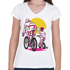 PRINTFASHION Apa és fia biciklin - Női V-nyakú póló - Fehér