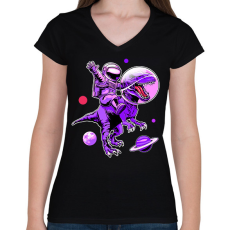 PRINTFASHION Asztronauta Trex - Női V-nyakú póló - Fekete