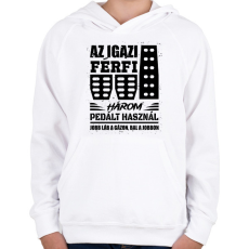 PRINTFASHION Az igazi férfi három pedált használ - Gyerek kapucnis pulóver - Fehér