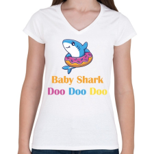 PRINTFASHION Baby shark - Női V-nyakú póló - Fehér női póló
