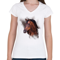 PRINTFASHION barna ló arc - Női V-nyakú póló - Fehér