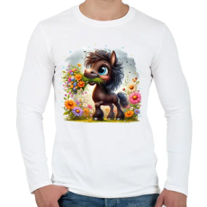 PRINTFASHION Barna póni virágcsokorral - Férfi hosszú ujjú póló - Fehér