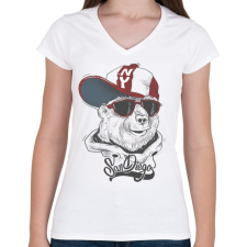 PRINTFASHION Baseball sapkás medve - Női V-nyakú póló - Fehér női póló