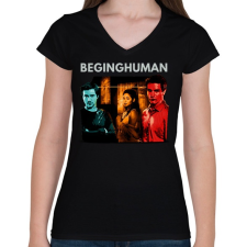 PRINTFASHION BEGINGHUMAN - Női V-nyakú póló - Fekete női póló