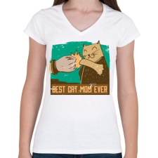 PRINTFASHION Best Cat Mom Ever - Női V-nyakú póló - Fehér női póló