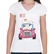 PRINTFASHION best friend macska - Női V-nyakú póló - Fehér női póló