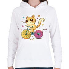 PRINTFASHION Biciklis cica - Női kapucnis pulóver - Fehér női pulóver, kardigán