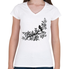 PRINTFASHION Bird & Tree drawing - Női V-nyakú póló - Fehér női póló