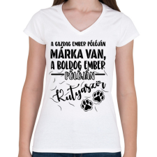 PRINTFASHION Boldog ember pólóján kutyaszőr - Női V-nyakú póló - Fehér női póló