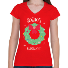 PRINTFASHION Boldog Karácsonyt - Női V-nyakú póló - Piros női póló